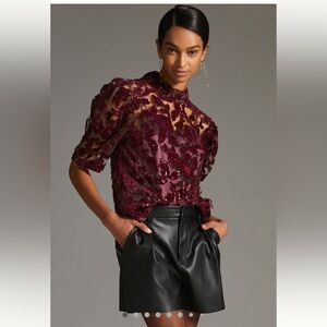 Anthropologie velvet cutwork sequin Elegant Burgundy Christmas Lace blouse  XS